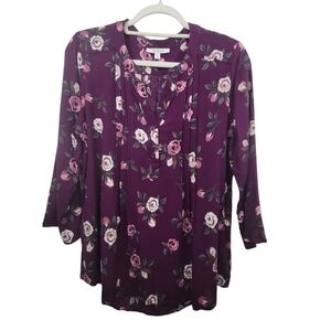 Fun 2 Fun Burgundy Floral V-Neck 3/4 Sleeve Blouse Size Small NWOT